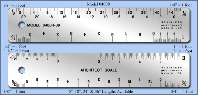 Modelers & Scale Stainless Steel Rulers, Scale Feet & Inches 1/8"=1' to 3"=1' - 6", 18", 24" & 36" Lengths - Model 0400M