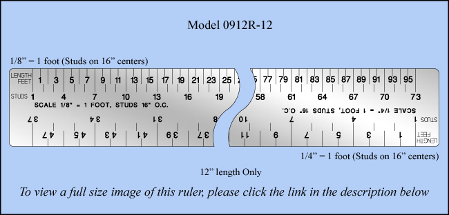 Construction Stainless Steel Stud Ruler, Scale Feet & Inches 1/8" = 1', 1/4" = 1' - 12" Length - Model 0912R-12