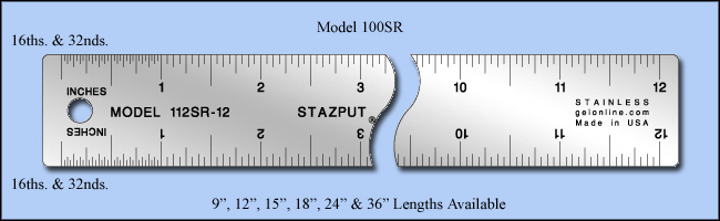 Non Skid Cork Backed Stainless Steel Rulers (STAZPUT), Inch 1/16", 1/32" - 9", 12", 15", 18", 24" & 36" Lengths - Model 100SR