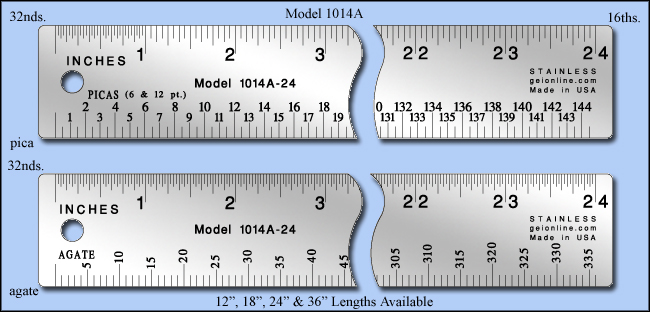 Printers & Graphic Art Stainless Steel Ruler, Inch 1/16", 1/32", pica, agate - 12", 18", 24" & 36" Lengths - Model 1014A