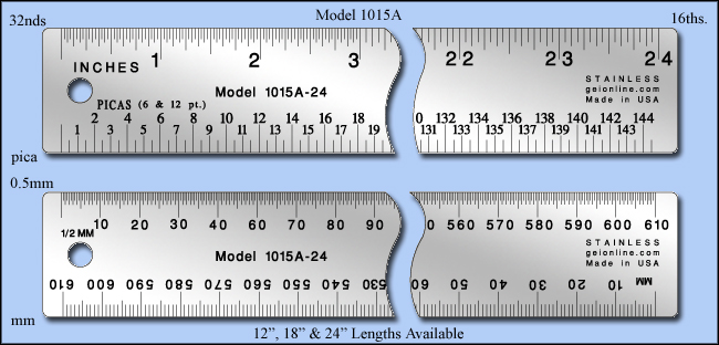 Printers & Graphic Art Stainless Steel Ruler, Inch & Metric 1/16", 1/32", mm, 0.5mm, pica - 12", 18" & 24" Lengths - Model 1015A