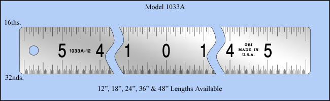 Center Finding and Zero Centered Stainless Steel Rulers, Inch 1/16", 1/32" - 12", 18", 24", 36" & 48" Lengths - Model 1033A