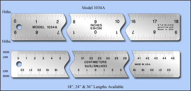 Center Finding and Zero Centered Stainless Steel Rulers, Inch & Metric 1/16", mm -  18", 24" & 36" Lengths - Model 1034A