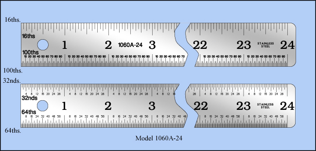 General Purpose Stainless Steel Ruler, Inch 1/16", 1/32", 1/64", 1/100" - 24" Length - Model 1060A-24