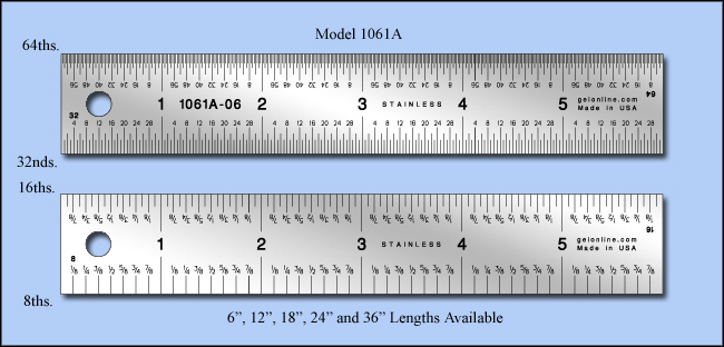 General Purpose Stainless Steel Rulers , Inch 1/8", 1/16", 1/32",1/64" - 6", 12", 18", 24" & 36" Lengths - Model 1061A