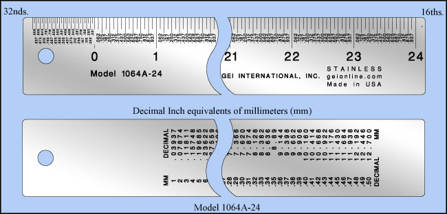 General Purpose Stainless Steel Ruler, Inch 1/16", 1/32" - Decimal Numbering - 24" Length - Model 1064A -24