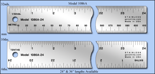 General Purpose Stainless Steel Rulers, Inch & Metric 1/6", 1/10", 1/12", 1/20, 1/32, mm - 24" & 36" Lengths - 1086A