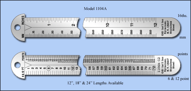 Printers & Graphic Art Stainless Steel Hook Rulers, Inch & Metric 1/16", mm, 6 & 12 point, pica, point - 12", 18" & 24" Lengths - Model 1104A