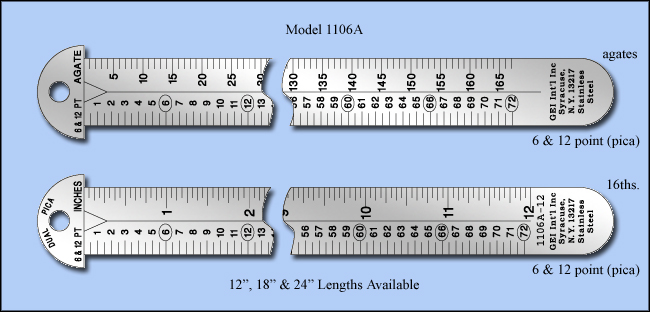 Printers & Graphic Art Stainless Steel Hook Rulers, Inch 1/16", 6 & 12 point, pica, agate - 12", 18" & 24" Lengths - Model 1106A