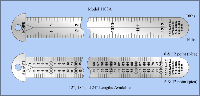 Printers & Graphic Art Stainless Steel Hook Rulers, Inch 1/16", 6 & 12 point, pica - 12" , 18" & 24" Lengths - Model 1108A