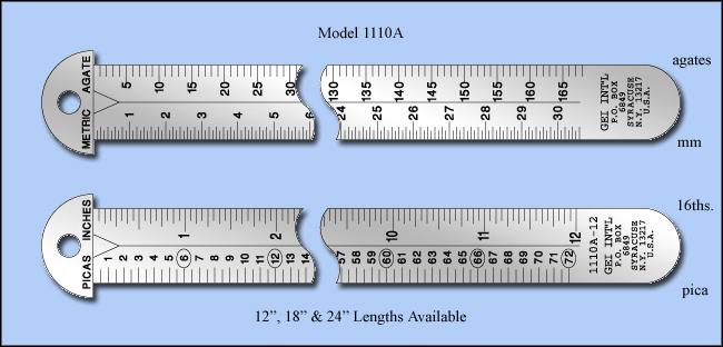 Printers & Graphic Art Stainless Steel Hook Rulers, Inch & Metric 1/16", cm, mm, pica, agate - 12", 18" & 24" Lengths - Model 1110A