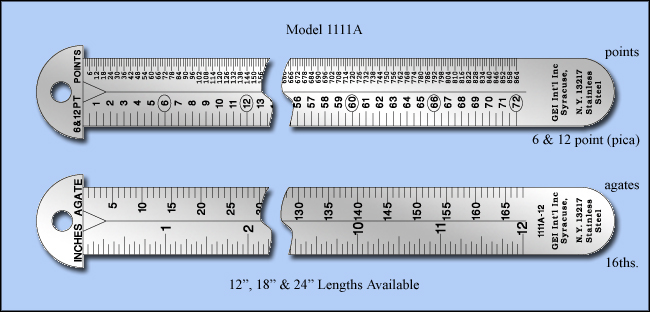 Printers & Graphic Art Stainless Steel Hook Rulers, Inch 1/16", 6 & 12 point, pica, point, agate - 12", 18" & 24" Lengths - Model 1111A