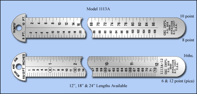 Printers & Graphic Art Stainless Steel Hook Rulers, Inch 1/16", 6 & 12 point, pica, 8 point, 10 point - 12", 18" & 24" Lengths - Model 1113A