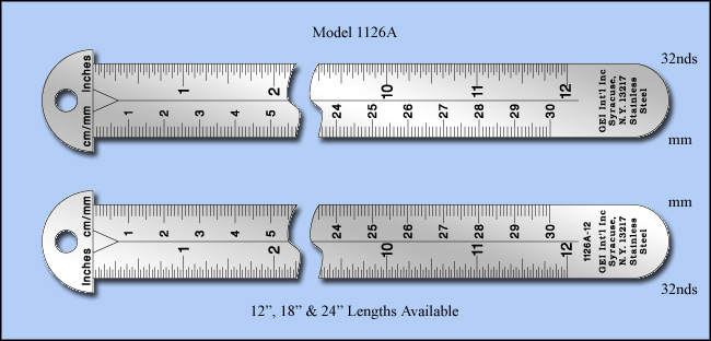 Stainless Steel Hook Rulers, Inch & Metric 1/32" , cm, mm - 12", 18" & 24" Lengths - Model 1126A