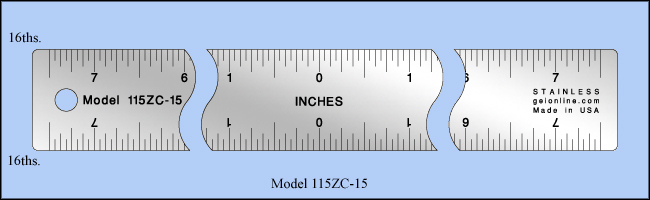 Center Finding and Zero Centered Stainless Steel Rulers With Non Skid Cork Backing, Inch 1/16" - 15" Length - Model 115ZC-15