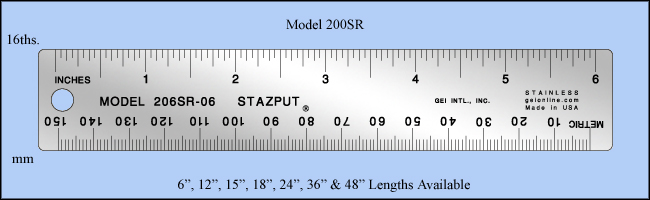 Non Skid Cork Backed Stainless Steel Rulers (STAZPUT), Inch & Metric 1/16", mm - 6", 12", 15", 18", 24", 36" and 48" Lengths - Model 200SR