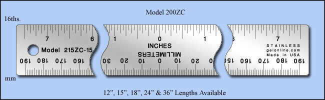 Center Finding and Zero Centered Stainless Steel Rulers With Non Skid Cork Backing, Inch & Metric 1/16", mm - 12", 15", 18", 24" & 36" Lengths - Model 200ZC