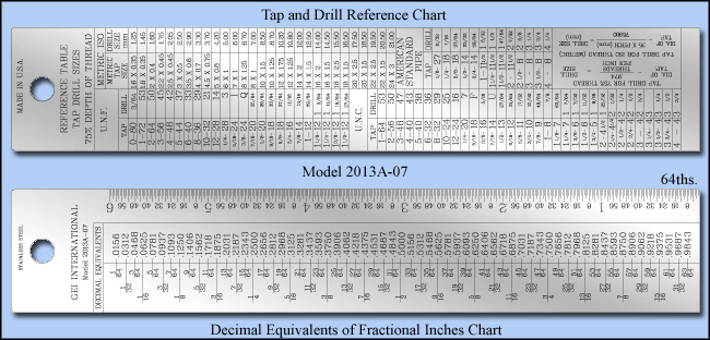 Stainless Steel Ruler With Tap and Drill Reference Chart, Inch 1/64" - Length 6" - Model 2013A-07