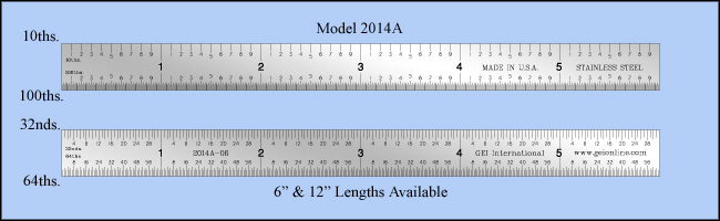 General Purpose Stainless Steel Rulers, Inch 1/10", 1/100", 1/32", 1/64" - 6" & 12" Lengths - Model 2014A