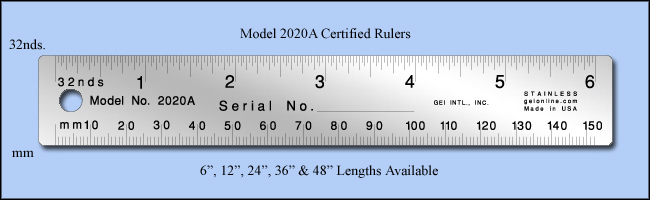 Certified Stainless Steel Rulers, Inch & Metric 1/32", mm - 6", 12", 24", 36" & 48" Lengths - Model 2020A