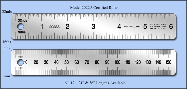 Certified Stainless Steel Rulers, Inch & Metric 1/16", 1/32", mm - 6", 12", 24" & 36" Lengths - Model 2022A-CERT
