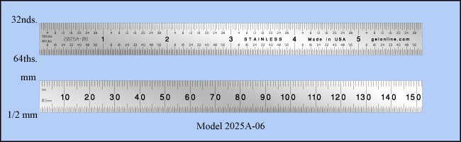 General Purpose Stainless Steel Ruler, Inch & Metric 1/32", 1/64", mm, 1/2mm - 6" Length - Model 2025A-06