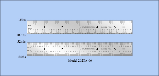 General Purpose Stainless Steel Rulers, Inch 1/16", 1/32", 1/64", 1/100" - 6" Length - Model 2028A-06