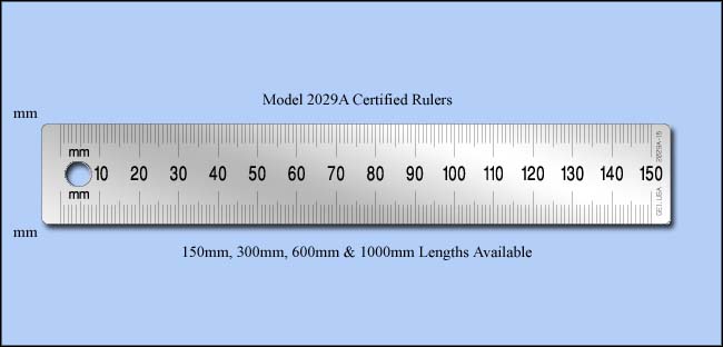 Certified Stainless Steel Rulers,  Metric  - 150mm, 300mm, 600mm & 1000mm Lengths - Model 2029A-CERT