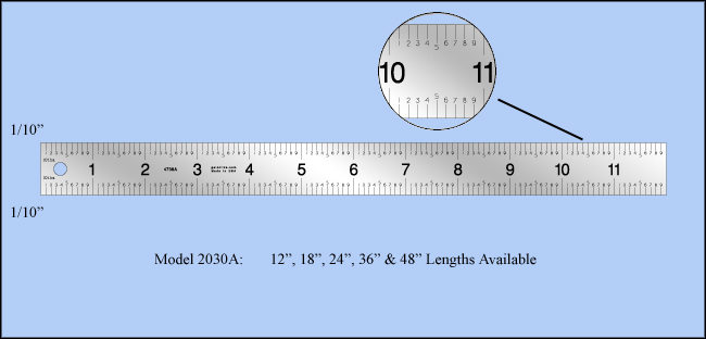 General Purpose Stainless Steel Ruler, Inch 1/10", 1/10" - Decimal Numbering - 12", 18", 24", 36", 48" Lengths Available - Model 2030A
