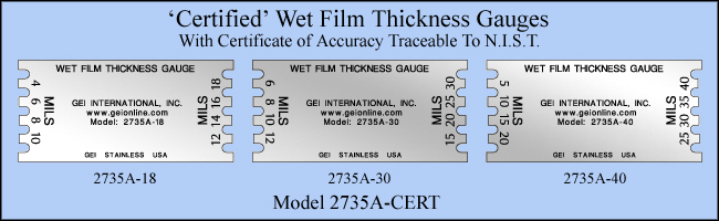 Certified Stainless Steel Wet Film Thickness Mil Gauges, 4 Mils To 40 Mils - Model 2735Acert