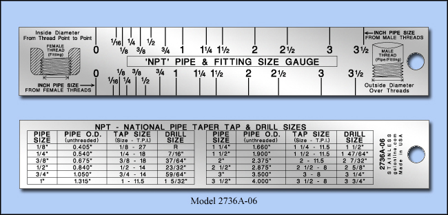 Pipe Thread and Fitting Size Stainless Steel Rulers and Gauges, NPT, Drill and Tap Sizes 1/16" to 3 1/2" - 6" Length - Model 2736A-06