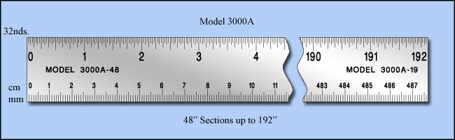 Extra Long Stainless Steel Rulers & Machine Scales, Inch & Metric 1/32", cm, mm - Left to Right, 0 to 192" - Model 3000A