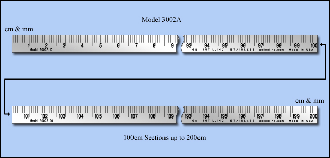 Extra Long Stainless Steel Rulers & Machine Scales, Metric cm, mm - Left to Right, 0 to 200cm - Model 3002A
