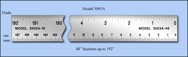 Extra Long Stainless Steel Rulers & Machine Scales, Inch & Metric 1/32", cm, mm - Right to Left, 0 to 192" - Model 3003A