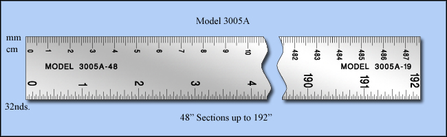 Extra Long Stainless Steel Rulers & Machine Scales, Inch & Metric 1/32", cm, mm - Bottom to Top, 0 to 192" - Model 3005A