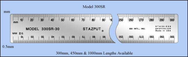 Non Skid Cork Backed Stainless Steel Rulers (STAZPUT), Metric mm, 1/2mm - 300mm, 450mm & 1000mm Lengths - Model 300SR