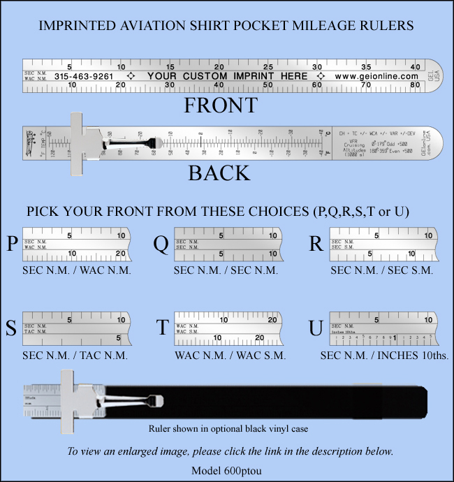 Custom Promotional and Imprinted Aviation Mileage Scale Stainless Steel 6" Pocket Rulers With Clip - Model 600ptou