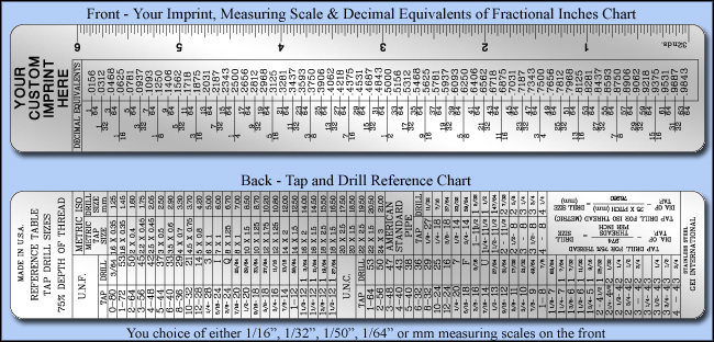 Custom Promotional and Imprinted Stainless Steel Rulers With Tap and Drill Reference Chart, Inch & Metric 1/16", 1/32", 1/50", 1/64", mm - 6" Length - Model 72532to64