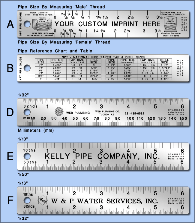 Custom Promotional and Imprinted Pipe Thread and Fitting Size Stainless Steel Rulers and Gauges, NPT, Drill and Tap Sizes 1/16" to 3 1/2" - 6" Length - Model 736atof-06