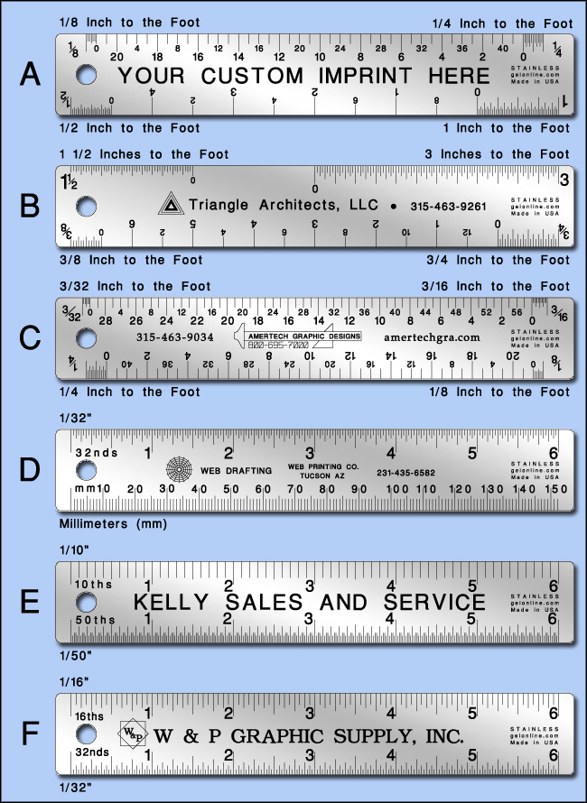 Custom Promotional and Imprinted Architects Stainless Steel Rulers - 6" Length - Model 745atof-06
