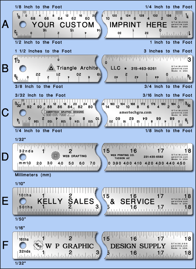 Custom Promotional and Imprinted Architects Stainless Steel Rulers - 18" Length - Model 745atof-18