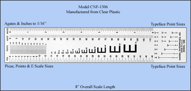 Clear Plastic Type and Copy Fitting Gauges, 'E' Scales, Picas, Points, Agates, Inches, 1/16", etc. - Model CNF-1306