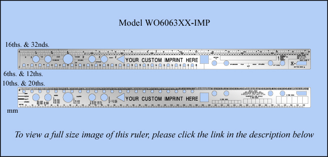 Custom Promotional and Imprinted Business Form Design and Layout Stainless Steel Rulers, Inch & Metric 1/6", 1/10", 1/12", 1/20", 1/32", mm - 18" Length - Model WO6063XX-IMP